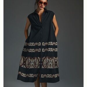 By Anthropologie Cap Sleeve Shirt Midi Dress Black with Brown/Cream Paisley